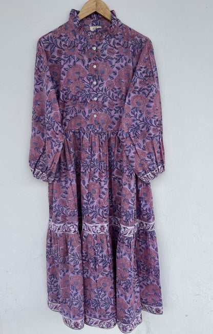 Purple Floral Indian Cotton Dress | Loose Fit Boho Women's Dress
