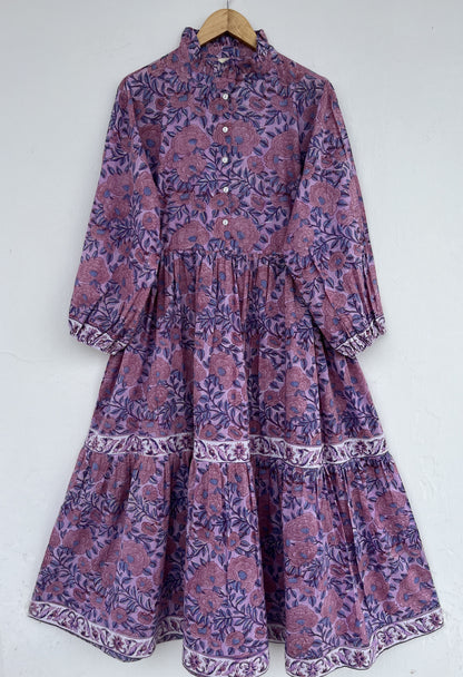 Purple Floral Indian Cotton Dress | Loose Fit Boho Women's Dress