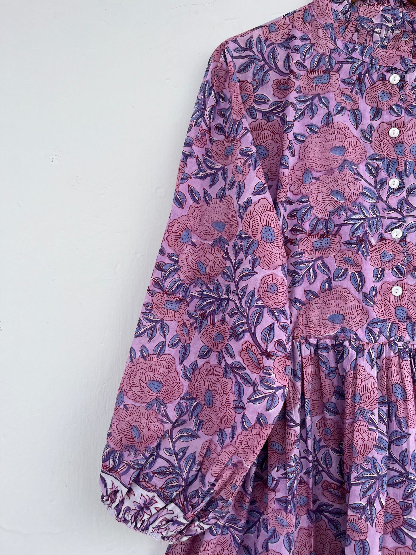 Purple Floral Indian Cotton Dress | Loose Fit Boho Women's Dress
