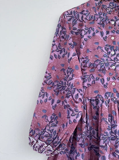 Purple Floral Indian Cotton Dress | Loose Fit Boho Women's Dress