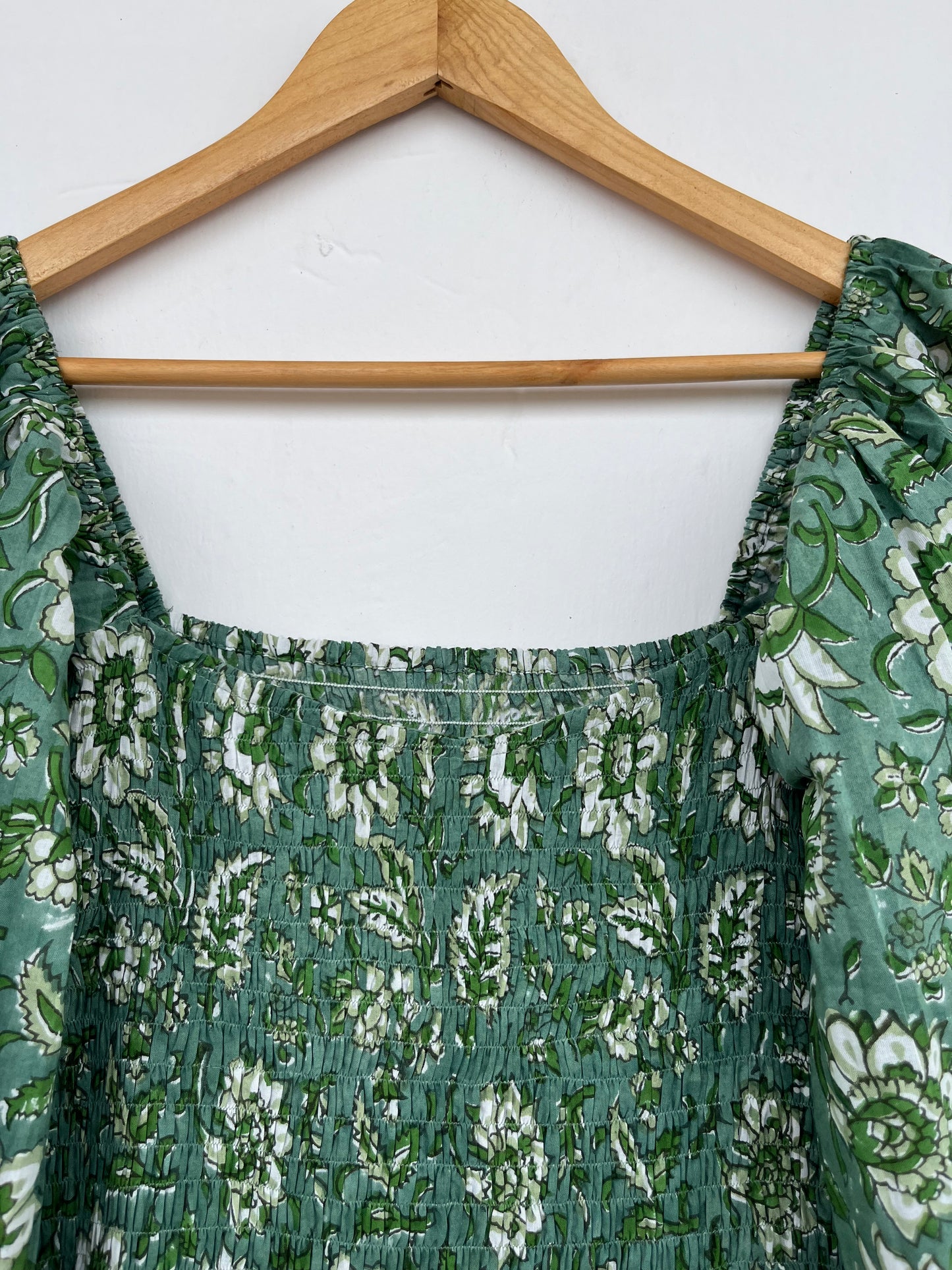Women's Green Floral Smocked Boho Flared Dress | Handcrafted Dress