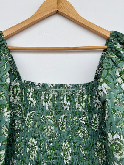Women's Green Floral Smocked Boho Flared Dress | Handcrafted Dress