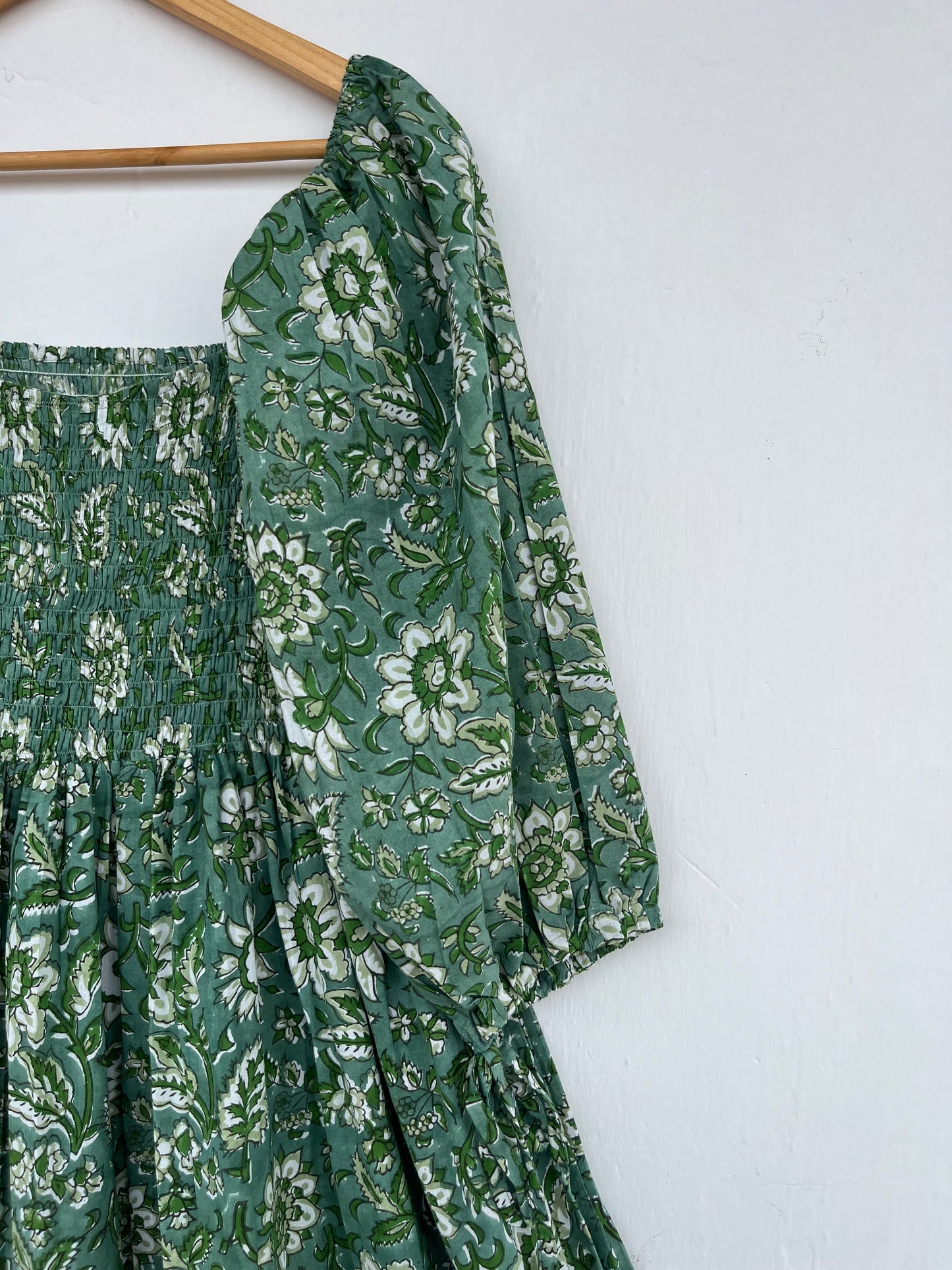Women's Green Floral Smocked Boho Flared Dress | Handcrafted Dress