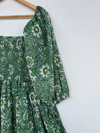 Women's Green Floral Smocked Boho Flared Dress | Handcrafted Dress