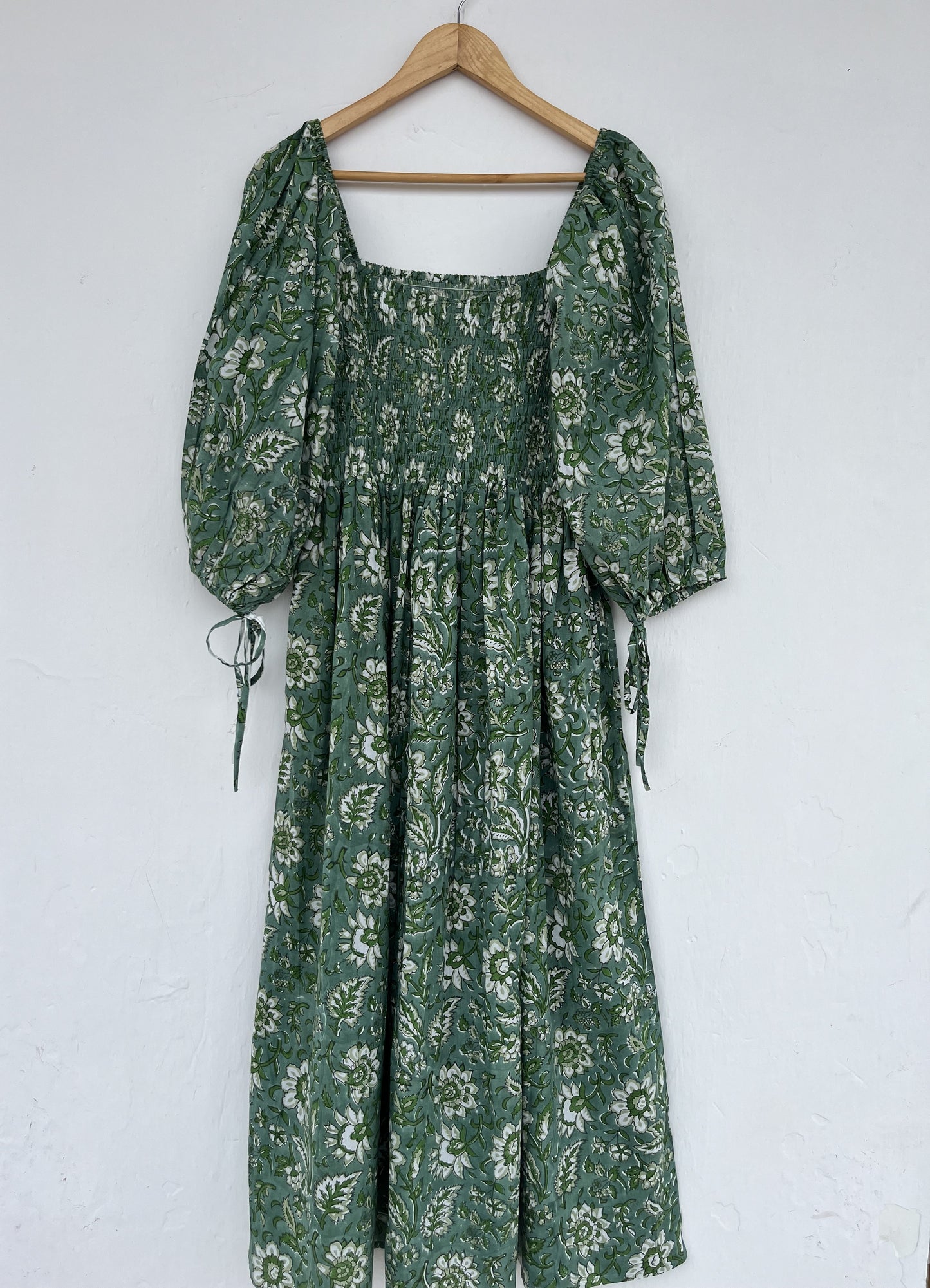 Women's Green Floral Smocked Boho Flared Dress | Handcrafted Dress