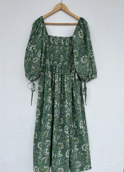 Women's Green Floral Smocked Boho Flared Dress | Handcrafted Dress