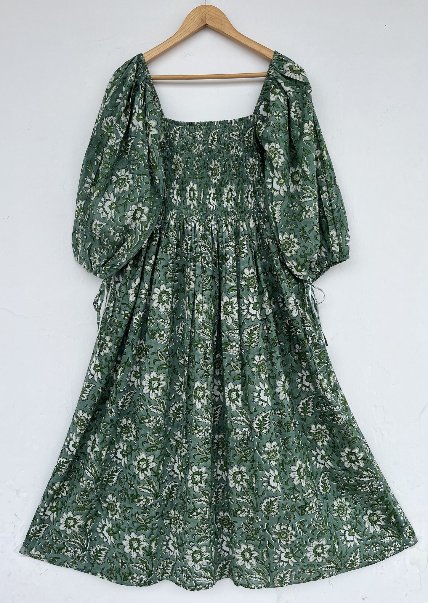 Women's Green Floral Smocked Boho Flared Dress | Handcrafted Dress