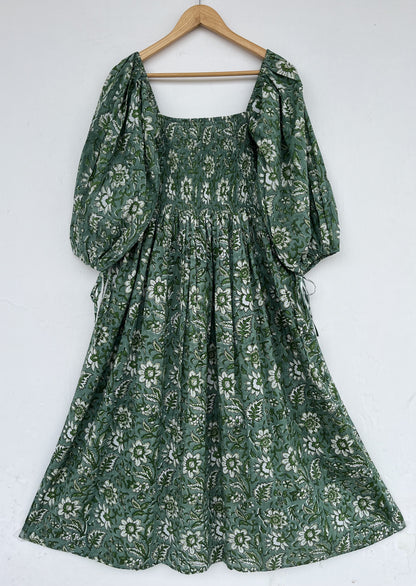 Women's Green Floral Smocked Boho Flared Dress | Handcrafted Dress