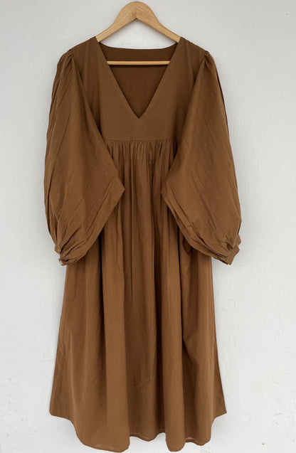 V Neck Solid Brown Fall Cotton Dress | Boho Minimalist Women Outfit