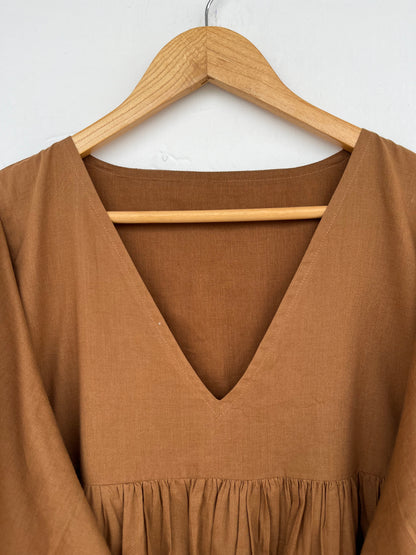 V Neck Solid Brown Fall Cotton Dress | Boho Minimalist Women Outfit