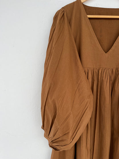 V Neck Solid Brown Fall Cotton Dress | Boho Minimalist Women Outfit