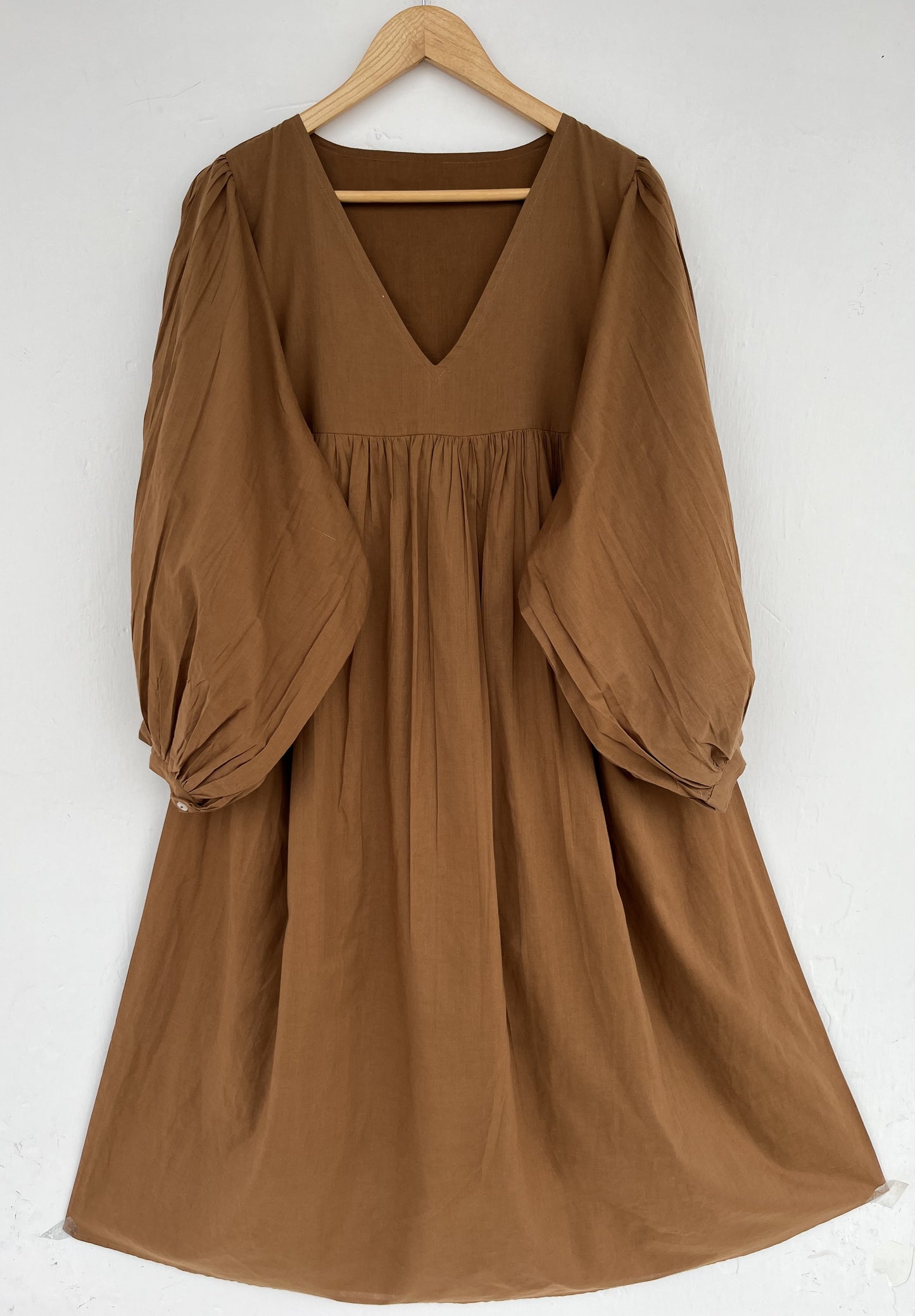 V Neck Solid Brown Fall Cotton Dress | Boho Minimalist Women Outfit