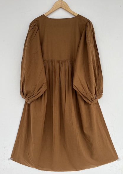 V Neck Solid Brown Fall Cotton Dress | Boho Minimalist Women Outfit