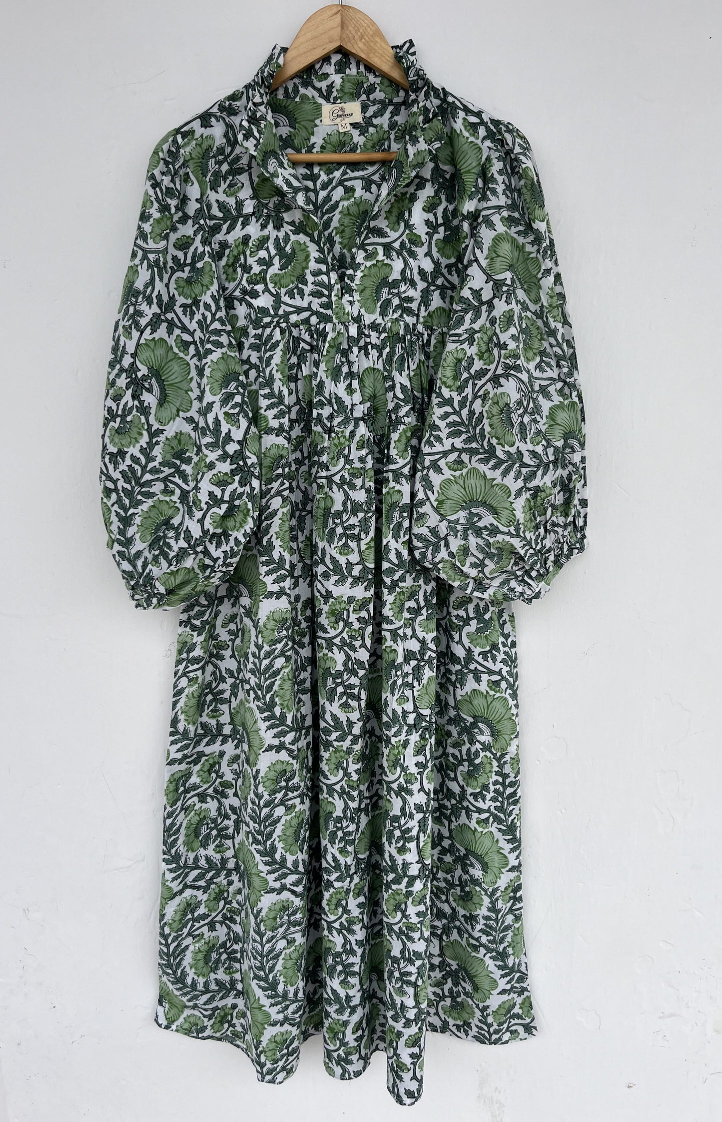 Green Floral Block Print Cotton Dress | Long Boho Summer Maxi | Maternity Dress