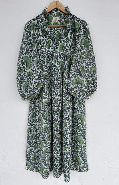 Green Floral Block Print Cotton Dress | Long Boho Summer Maxi | Maternity Dress