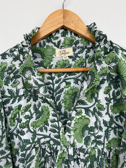 Green Floral Block Print Cotton Dress | Long Boho Summer Maxi | Maternity Dress