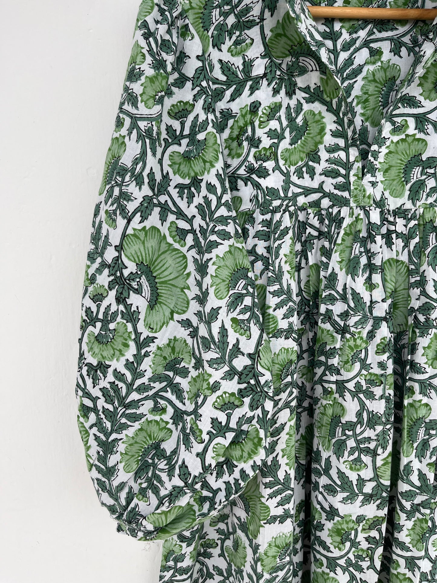 Green Floral Block Print Cotton Dress | Long Boho Summer Maxi | Maternity Dress