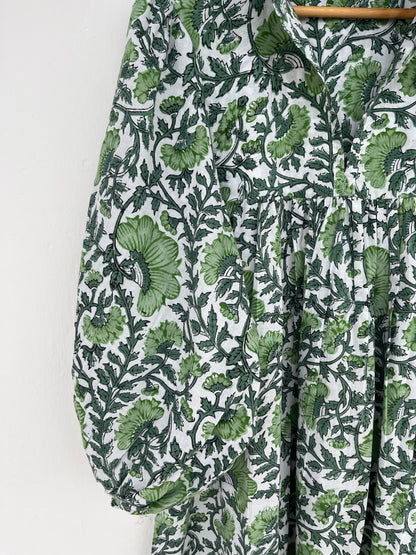 Green Floral Block Print Cotton Dress | Long Boho Summer Maxi | Maternity Dress