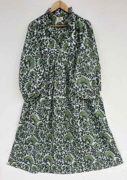 Green Floral Block Print Cotton Dress | Long Boho Summer Maxi | Maternity Dress