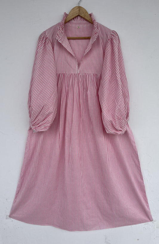 Pink Stripe Cotton Boho Casual Long Dress | Lightweight Cotton Summer Vacation Dress