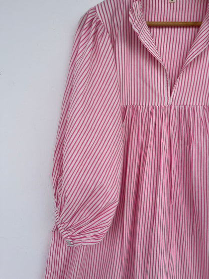 Pink Stripe Cotton Boho Casual Long Dress | Lightweight Cotton Summer Vacation Dress