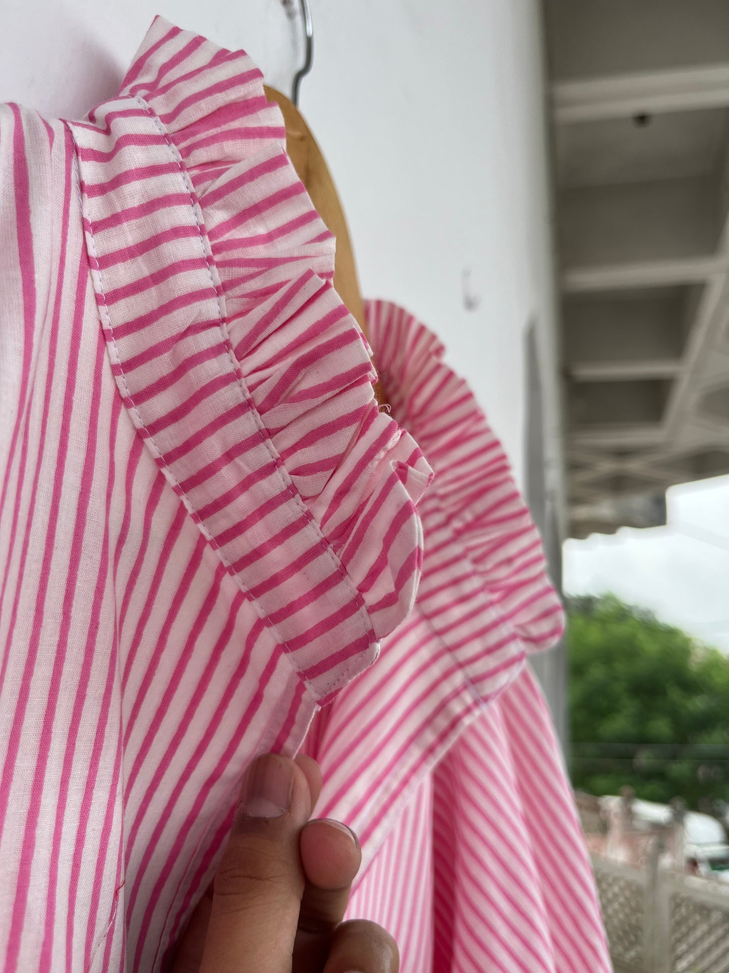 Pink Stripe Cotton Boho Casual Long Dress | Lightweight Cotton Summer Vacation Dress