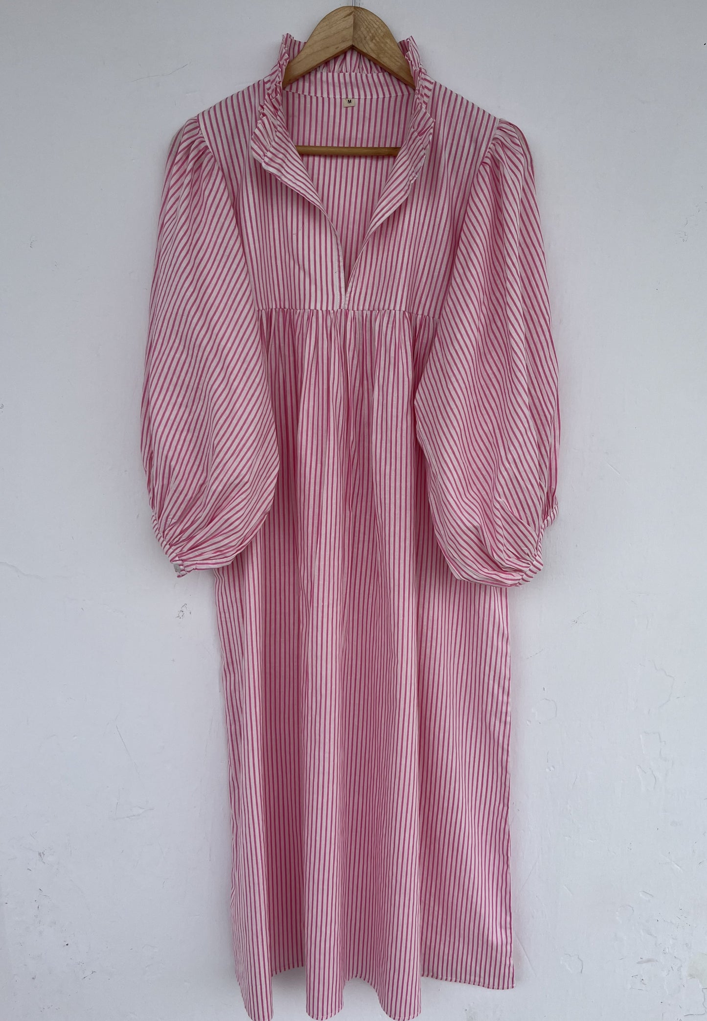 Pink Stripe Cotton Boho Casual Long Dress | Lightweight Cotton Summer Vacation Dress