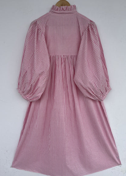 Pink Stripe Cotton Boho Casual Long Dress | Lightweight Cotton Summer Vacation Dress