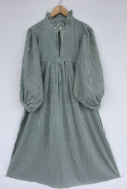 Green Stripe Cotton Boho Loose Fit Dress | Lightweight Cotton Summer Dress