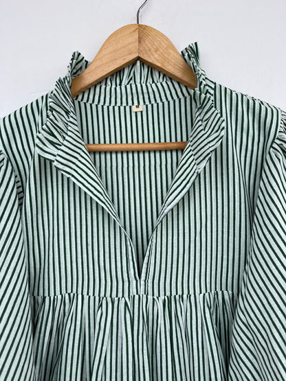 Green Stripe Cotton Boho Loose Fit Dress | Lightweight Cotton Summer Dress