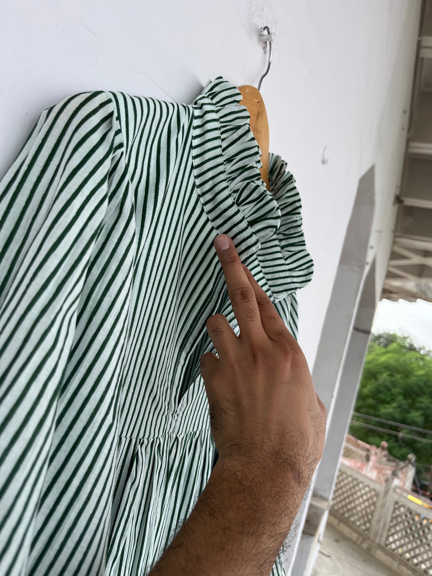 Green Stripe Cotton Boho Loose Fit Dress | Lightweight Cotton Summer Dress