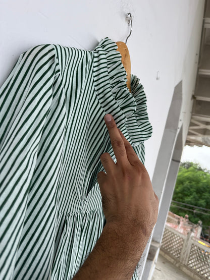 Green Stripe Cotton Boho Loose Fit Dress | Lightweight Cotton Summer Dress