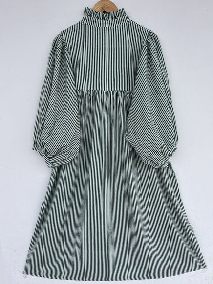 Green Stripe Cotton Boho Loose Fit Dress | Lightweight Cotton Summer Dress