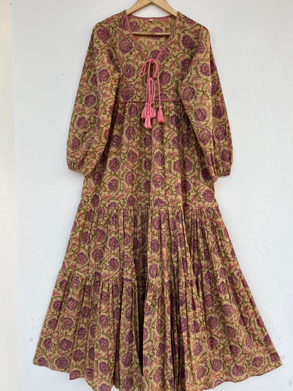 Floral Maxi Dress with Tassels, 3/4th Sleeves Cotton Dress for Women