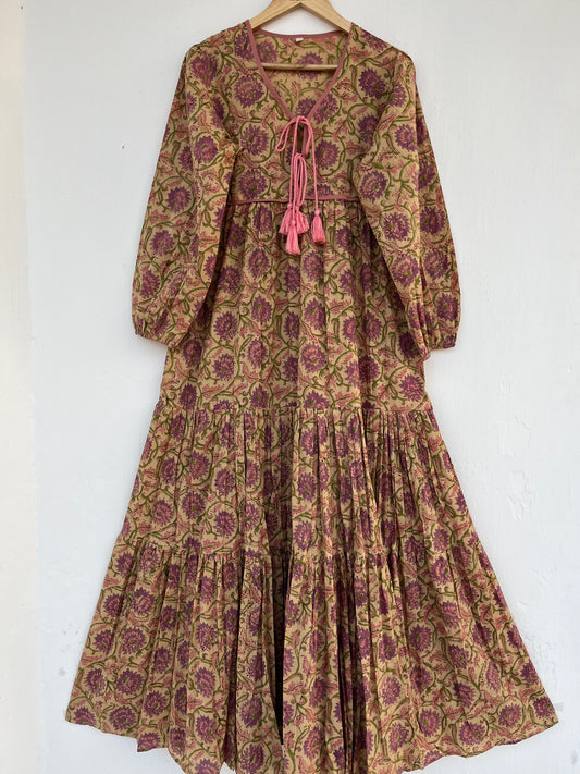 Floral Maxi Dress with Tassels, 3/4th Sleeves Cotton Dress for Women