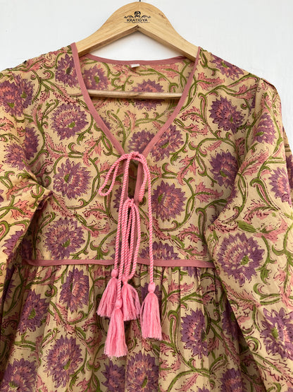 Floral Maxi Dress with Tassels, 3/4th Sleeves Cotton Dress for Women