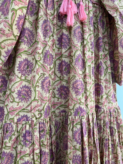 Floral Maxi Dress with Tassels, 3/4th Sleeves Cotton Dress for Women