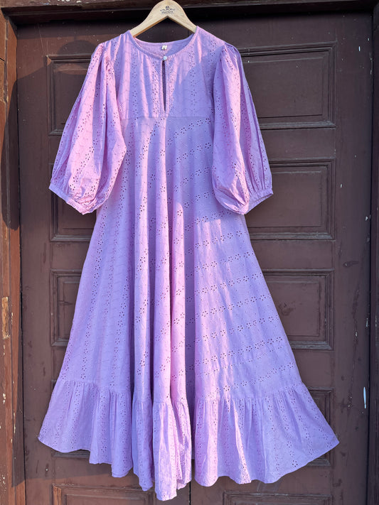 Eyelet Cotton Long Maxi Dress, Lilac Schiffli Dress, Smocked Dress