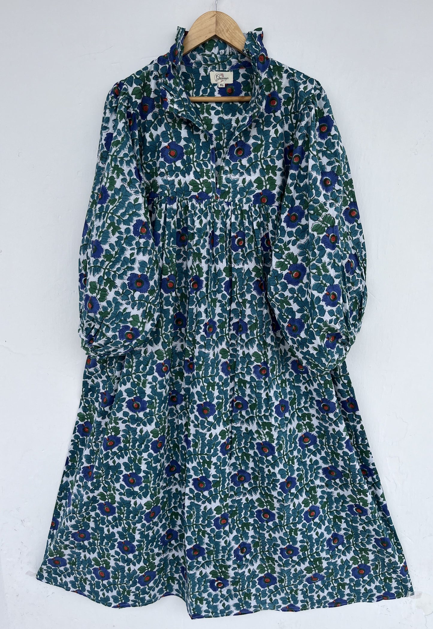 Blue Green Floral Flared Long Dress | Breathable Cotton Summer Wear