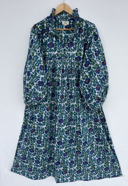 Blue Green Floral Flared Long Dress | Breathable Cotton Summer Wear