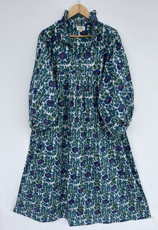 Blue Green Floral Flared Long Dress | Breathable Cotton Summer Wear