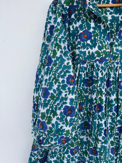 Blue Green Floral Flared Long Dress | Breathable Cotton Summer Wear