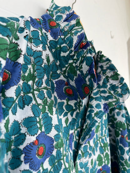 Blue Green Floral Flared Long Dress | Breathable Cotton Summer Wear