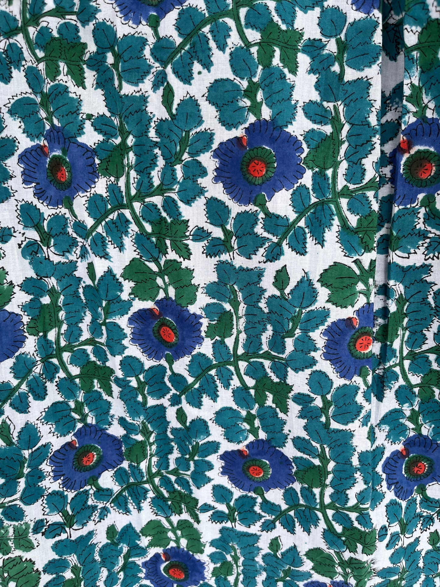 Blue Green Floral Flared Long Dress | Breathable Cotton Summer Wear