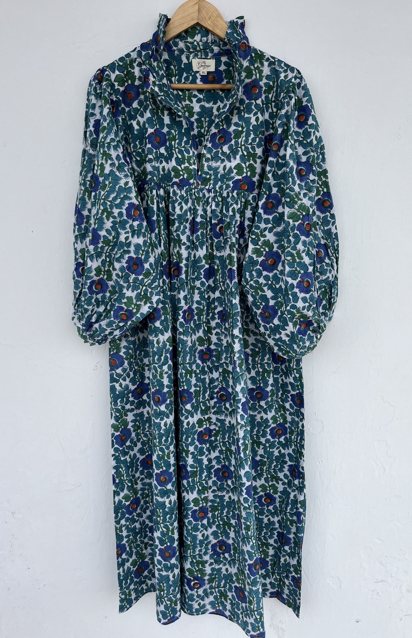 Blue Green Floral Flared Long Dress | Breathable Cotton Summer Wear