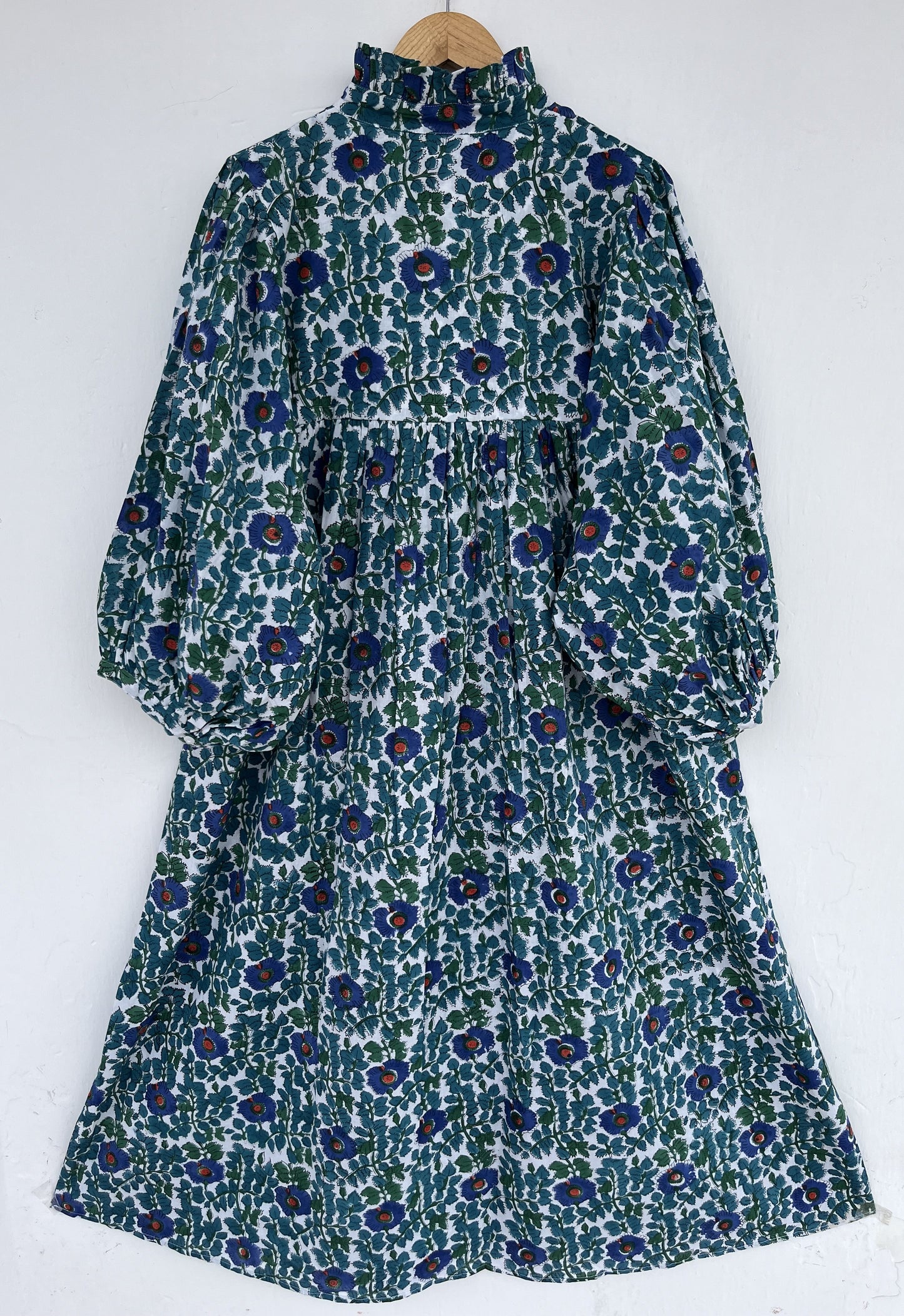 Blue Green Floral Flared Long Dress | Breathable Cotton Summer Wear