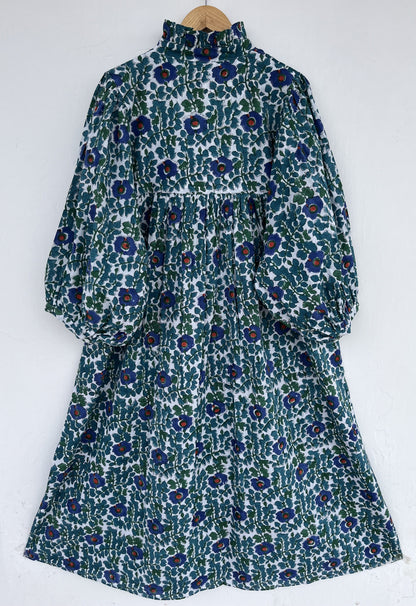 Blue Green Floral Flared Long Dress | Breathable Cotton Summer Wear