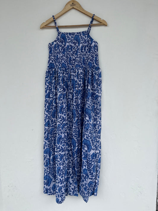 White Blue Sleeveless Shirred Smocked Cotton Maxi Dress, Hand Block Printed Hippie Dress