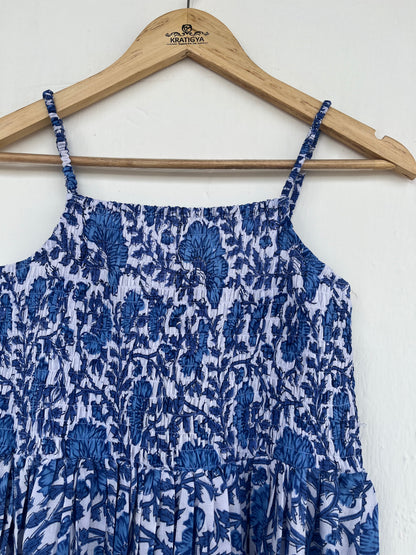 White Blue Sleeveless Shirred Smocked Cotton Maxi Dress, Hand Block Printed Hippie Dress
