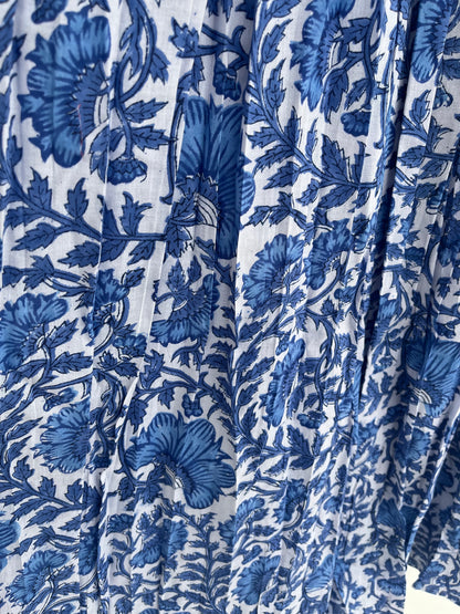 White Blue Sleeveless Shirred Smocked Cotton Maxi Dress, Hand Block Printed Hippie Dress